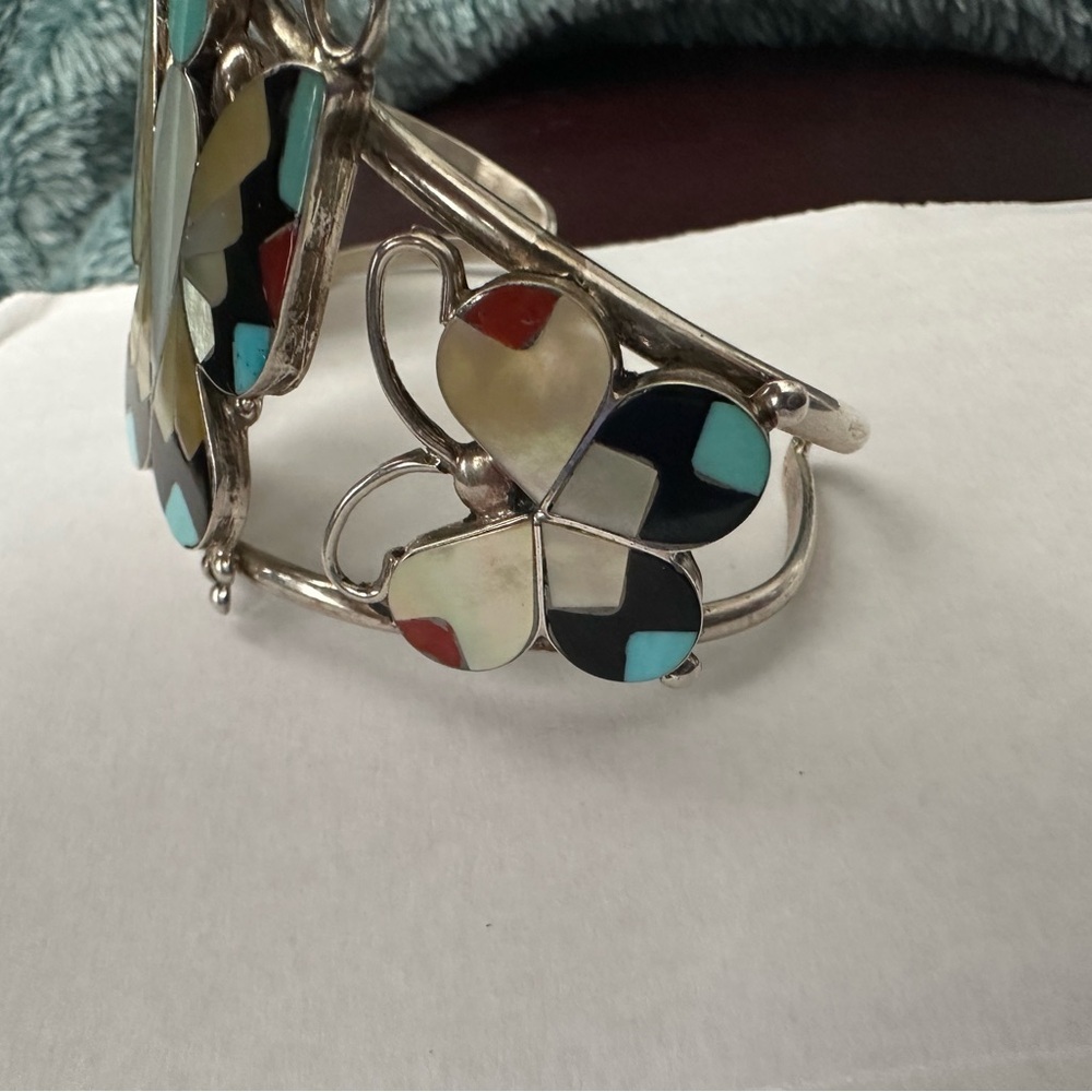 Zuni Handmade Sterling Silver Butterfly Cuff Bracelet Multicolor 7" - Picture 3 of 7